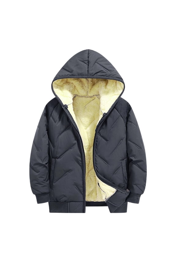 Kids Boys Winter Plush Hooded Jacket Thickened Warm Coat Children Youth Cold Weather Outdoor Windproof With Embossed Design Long Sleeve Outerwear Solid Color Coats Holiday Streetwear