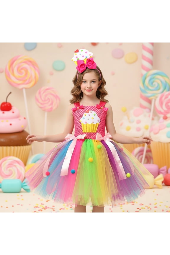 Kids Cake Dress For Girls Candy Theme Tutu Skirt Girl Childrens Party Performance Ballerina Outfit Sets Comfort Short Sleeve Clothes Sets