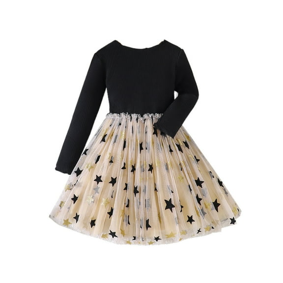 MEZZALL Kids Children Girls Spring Autumn Dress Star Mesh Long Sleeve O-Neck Princess Dresses Classic Baby Toddler Sundress