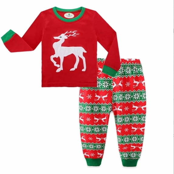 MEZZALL Kids Christmas Elk Long Sleeve Pajamas Sets Crew Neck Tops Santa Print Pants 2 Piece Sleepwear Breathable Nightwear