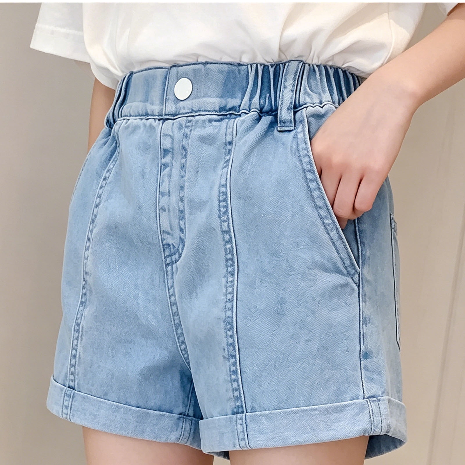MEZZALL Kids Denim Cuffed Shorts Partial Elastic Waist Button Closure ...