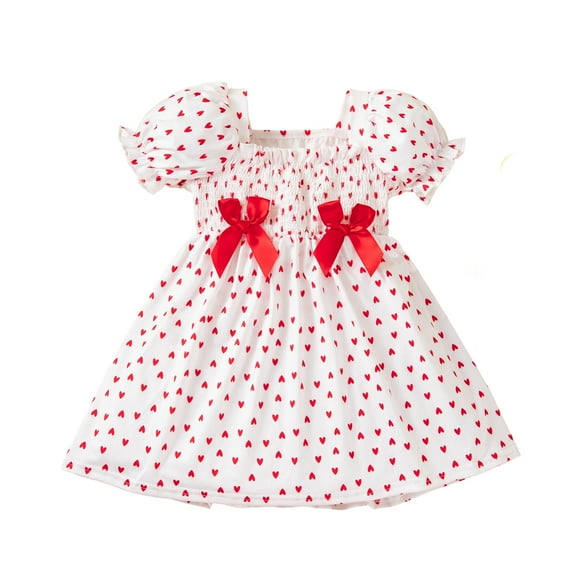 MEZZALL Kids Dresses Valentines Day Girls Sleeveless Dress With Allover Heart Print Sleeves Bow Detail Party Gown Toddler Baby Daughter Celebration Outfit Lovely Christmas Square Collar Sundress