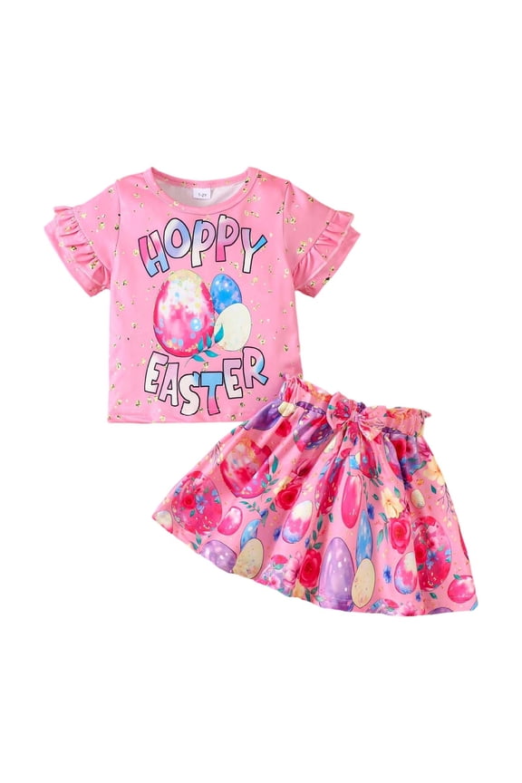 Kids Easter Bunny Egg Print Girls 2 Piece Outfit Fashion Ribbon Bowknot Blouse With Lace Trim And Pleated Skirt Adorable Children Clothes Sets