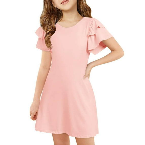 MEZZALL Kids Fashion Solid Color Dresses Round Neck Short Sleeve Casual Comfortable Pocket Dress Leisure Toddler Wear