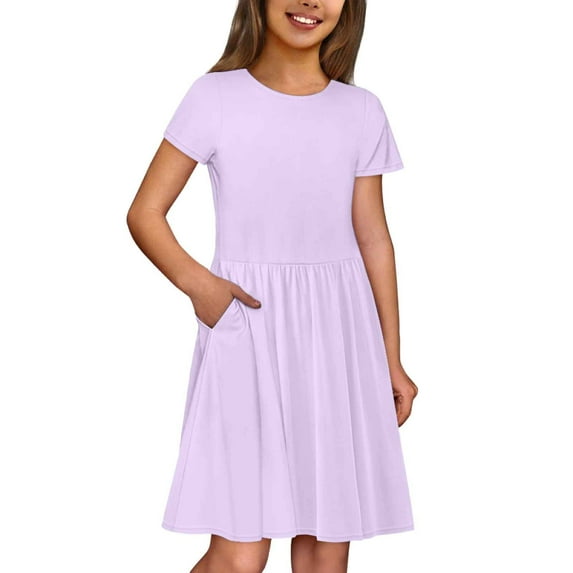 MEZZALL Kids Fashion Solid Color Dresses Round Neck Short Sleeve Casual Comfortable Pocket Dress Soft Toddler Wear