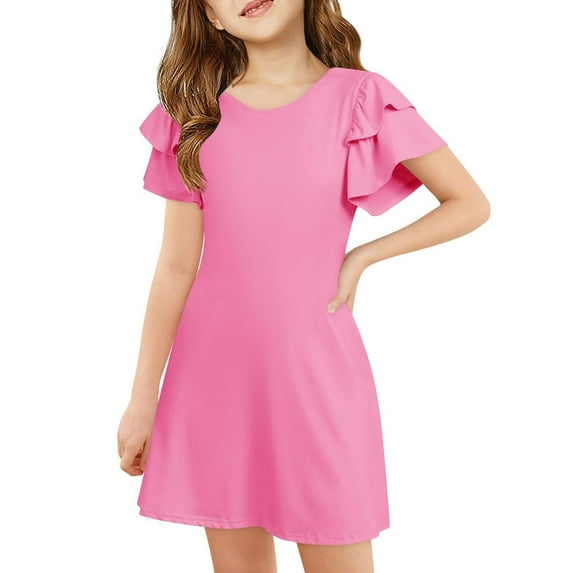 MEZZALL Kids Fashion Solid Color Round Neck Short Sleeve Casual Comfortable Pocket Dress 4-5 Years Cozy Kids Wear