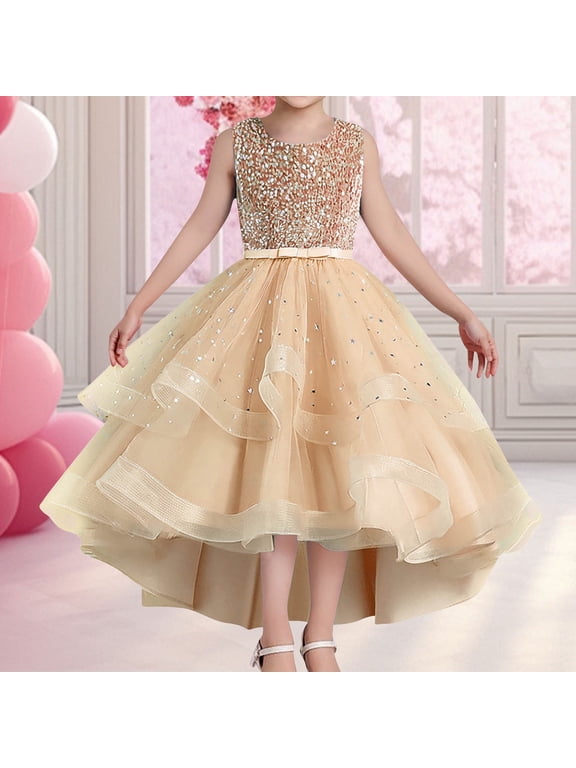 Kids Girl Sleeveless Pageant Dress Sequin Shining Wedding Gown Flower Solid Color Girls Elegant Lace Party Princess Dresses Gowns