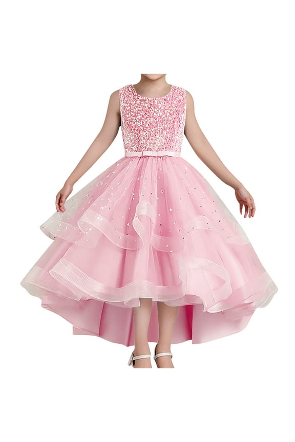 Kids Girl Sleeveless Pageant Dress Sequin Shining Wedding Gown Flower Solid Color Girls Elegant Lace Party Princess Dresses Gowns