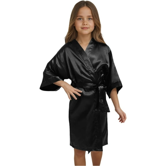 MEZZALL Kids Girl's Silk Satin Kimono 3/4 Sleeve Robe For Spa Wedding Birthday Xmas Party Child Children Solid Color Leisure Clothes