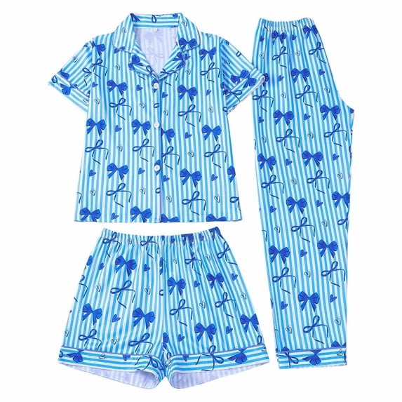 MEZZALL Kids Girls 3 Piece Striped Bow Print Pajama Sets Lapel Short Sleeve Button Tops Shorts Long Pants Breathable Lightweight Sleepwear And Wear For Girls Nightwear