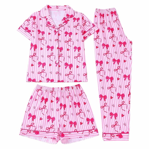 MEZZALL Kids Girls 3 Piece Striped Bow Print Pajama Sets Lapel Short Sleeve Button Tops Shorts Long Pants Breathable Lightweight Sleepwear And Wear For Girls Nightwear