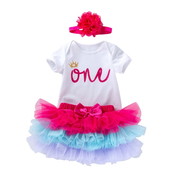 MEZZALL Kids Girls Birthday Party Outfit O-Neck Short Sleeve Romper Dress With Hair For Toddler First Year Celebration Photoshoot Versatile Children Fashion Clothes Sets