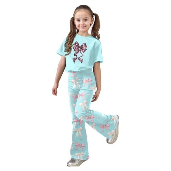 MEZZALL Kids Girls Bowknot Outfit Cute Bow Heart Print O-Neck Short Sleeve Tops With Flare Leg Pants Toddler Two Piece Matching Fashionable Children Clothes Sets