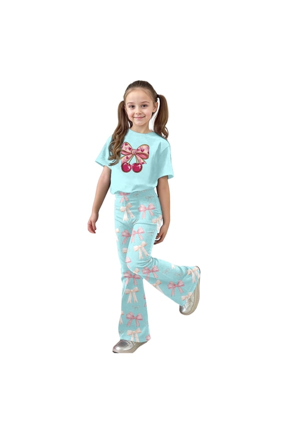 Kids Girls Bowknot Outfit Cute Bow Heart Print O-Neck Short Sleeve Tops With Flare Leg Pants Toddler Two Piece Matching Trendy Children Fashion Clothes Sets