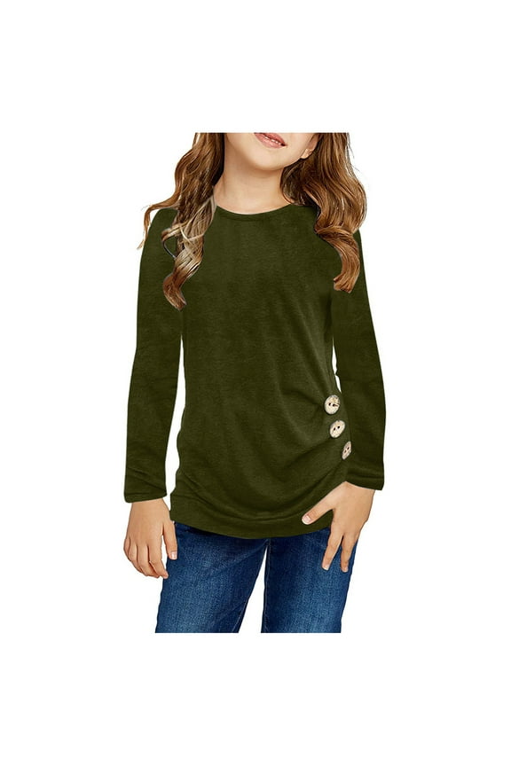Kids Girls Casual Tunic Tops Knot Front Button Long Sleeve Loose Crewneck Blouse T-Shirt Tee Solid Color Stylish Child Tshirts