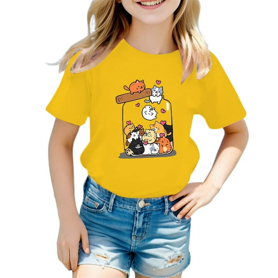 MEZZALL Kids Girls Cute Graphic Print T-Shirt Round Neck Short Sleeve Tee Summer Casual Tshirts Tops, Yellow, 8-9 Years