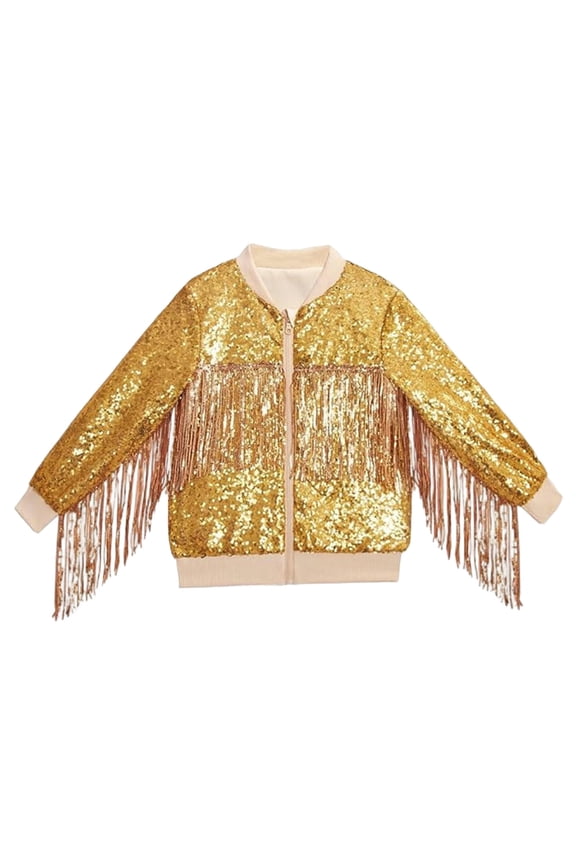 Kids Girls Fringe Sequin Jacket Long Sleeve Casual Coats Fashionable Outerwear Elegant Party Wear Fashionable Tops