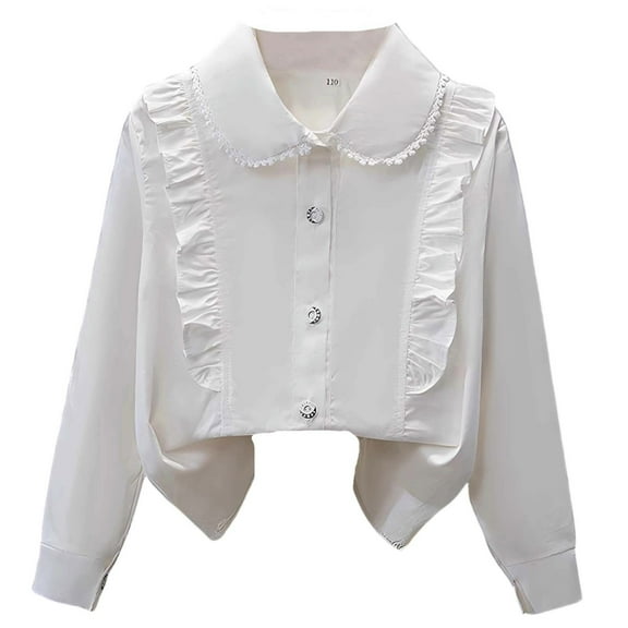 MEZZALL Kids Girls Long Sleeve Party Blouses Kids Solid Color Elegant Ruffled Button Down Shirts School Tops Classic Streetwear