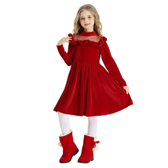 MEZZALL Kids Girls Long Sleeve Xmas Party Dress With Flounce Hem Netting Pageant Gown For Performance Solid Color Stylish Child Clothes