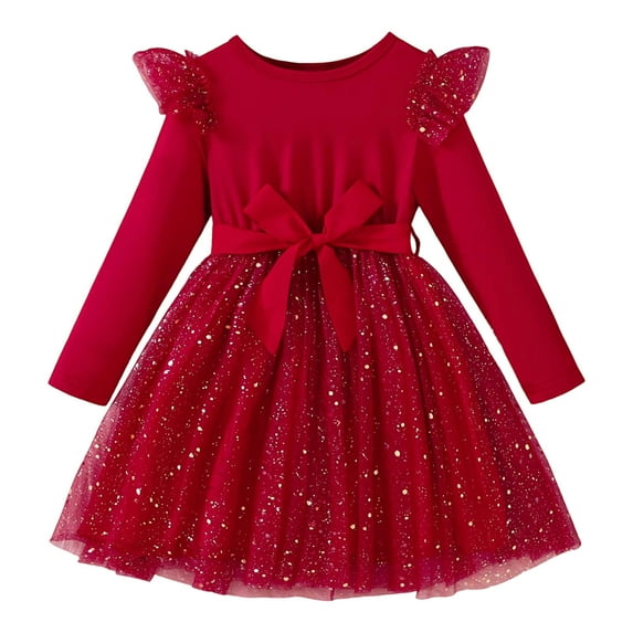 MEZZALL Kids Girls Long Sleeve Xmas Party Dress With Starry Net Skirt Formal Gown For Celebrations Solid Color Classic Child Clothes