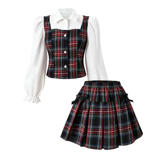 MEZZALL Kids Girls Plaid Long Sleeve Shirt And Pleated Skirt 2 Piece Outfit Sets For Fall School Classic Clothes Sets