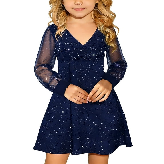 MEZZALL Kids Girls Puff Long Sleeve Mesh Casual High Waist A-Line Short Dress Formal Party Dresses For 4-14 Years Classic Child Crew Neck Solid Color Sundress
