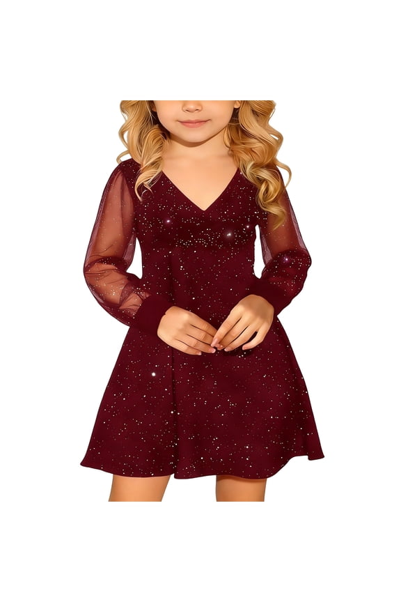 Kids Girls Puff Long Sleeve Mesh Casual High Waist A-Line Short Dress Formal Party Dresses For 4-14 Years Comfort Child Crew Neck Solid Color Sundress