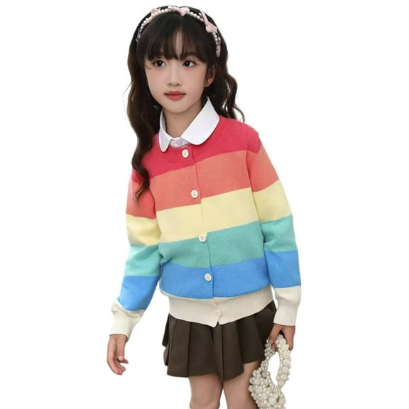 MEZZALL Kids Girls Rainbow Striped Knit Cardigan Sweater Long Sleeve Soft Blend Open Front Coats For Toddler Classic Child Clothes