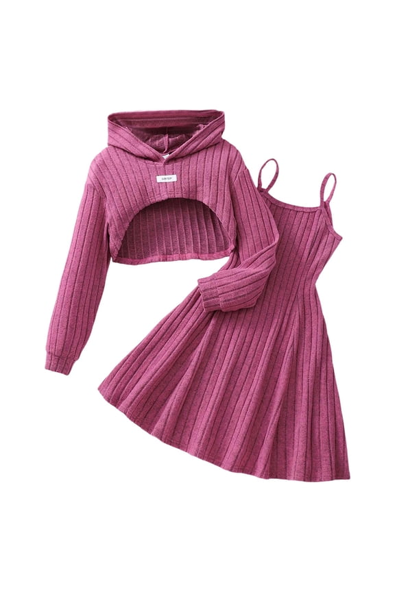 Kids Girls Ribbed Hooded Long Sleeve Tops With Suspenders Pleated Dress Two Piece Outfit Sets Fall And Winter Seasons Lovely Clothing Sets