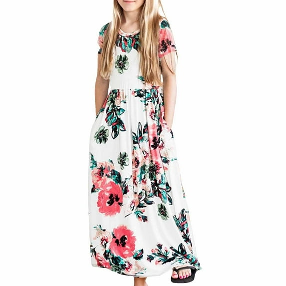 MEZZALL Kids Girls Short Sleeve Floral Print Loose Casual Long Maxi Dress With Pockets Dresses Breathable Baby Toddler Sundress