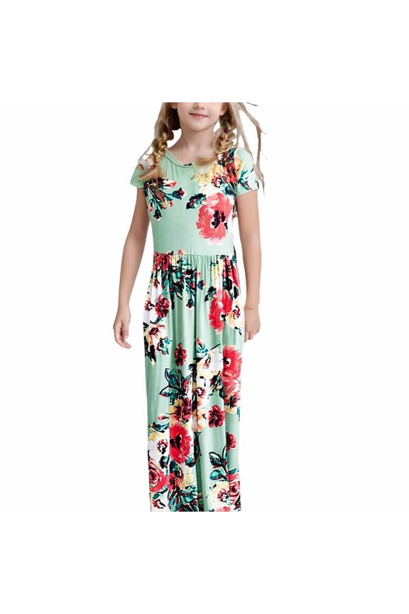 Kids Girls Short Sleeve Floral Print Loose Casual Long Maxi Dress With Pockets Dresses Versatile Baby Toddler Sundress