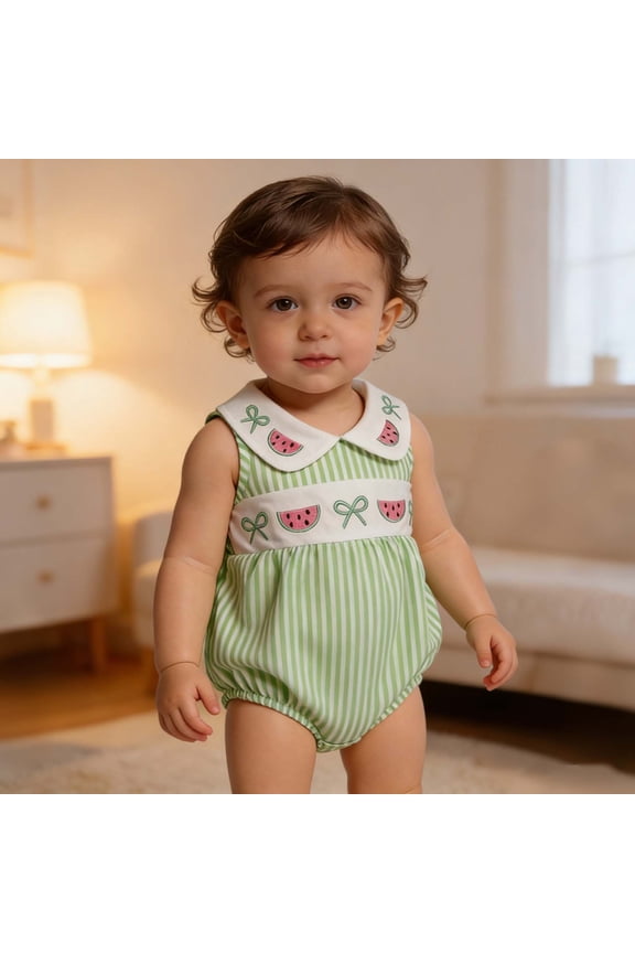 Kids Girls Sleeveless Striped Romper Lapel Watermelon Embroider Bodysuits Cozy Jumpsuits