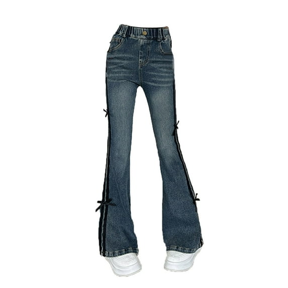 MEZZALL Kids Girls Stretch Denim Flared Pants Bootcut Jeans For Teenagers Comfortable Soft Casual Trousers With Pockets Outfits Solid Color Versatile Child Clothes