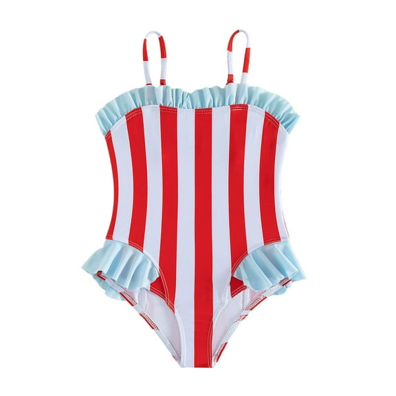 MEZZALL Kids Girls Summer Independence Day Striped Design 1 Piece Swimwear Children Swimsuit Bikini Lovely Toddler Beachwear, Red, 5-6 Years