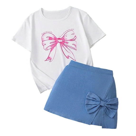 MEZZALL Kids Girls Summer Outfit Sets O-Neck Short Sleeve Bow Tops With Denim Skort Two Piece Toddler Play Casual Cute Romper Boho Children Fashion Clothes Sets