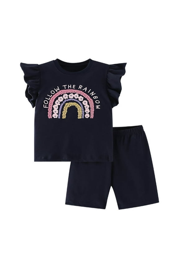 Kids Girls Summer Rainbow Cartoon Print Fly Sleeve T-Shirt Tops And Solid Color Shorts 2PCS Outfits Clothes Set Children Clothing Lovely Toddler Wear