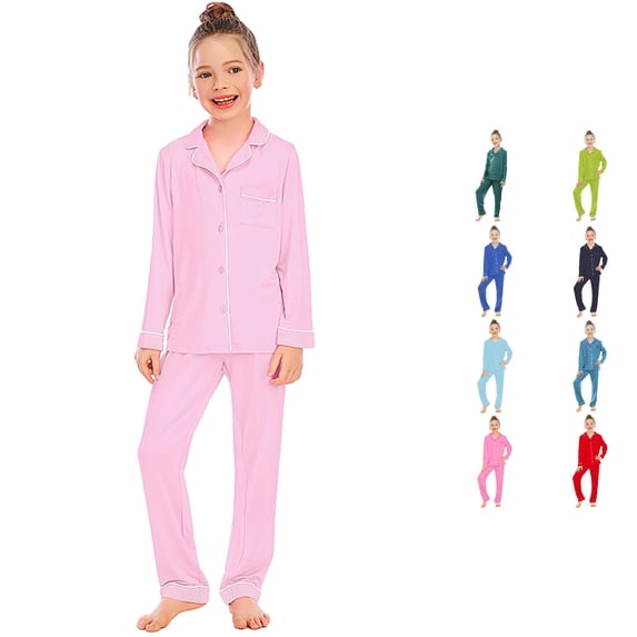 MEZZALL Kids Girls Toddler Pajamas Sets Long Sleeve Shirts Tops & Pants Comfortable Fabric Lapel Button Up Collar Solid Color Loose Fit Homewear Leisure Sleepwear