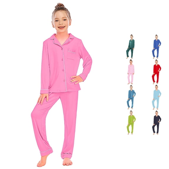 MEZZALL Kids Girls Toddler Pajamas Sets Long Sleeve Shirts Tops & Pants Comfortable Fabric Lapel Button Up Collar Solid Color Loose Fit Homewear Soft Sleepwear