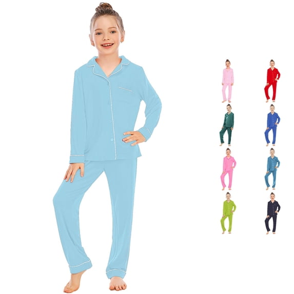 MEZZALL Kids Girls Toddler Pajamas Sets Long Sleeve Shirts Tops & Pants Comfortable Fabric Lapel Button Up Collar Solid Color Loose Fit Homewear Stylish Sleepwear