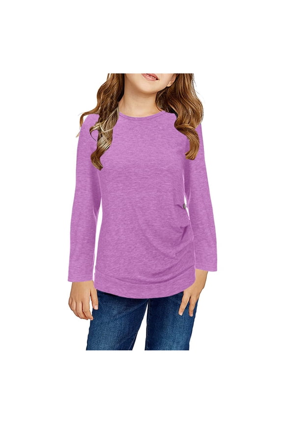 Kids Girls Tunic Tops Knot Front Button Long Sleeve Casual Loose Blouse T-Shirt Tshirts Tee Leisure Toddler Dailywear, Purple, 6-7 Years