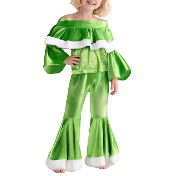 MEZZALL Kids Girls Velvet Santa Long Sleeve Tops With Flare Pants Festive Holiday Xmas Party Outfits For Fall Solid Color Boho Child Clothes
