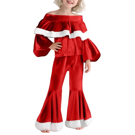 MEZZALL Kids Girls Velvet Santa Long Sleeve Tops With Flare Pants Festive Holiday Xmas Party Outfits For Fall Solid Color Leisure Child Clothes