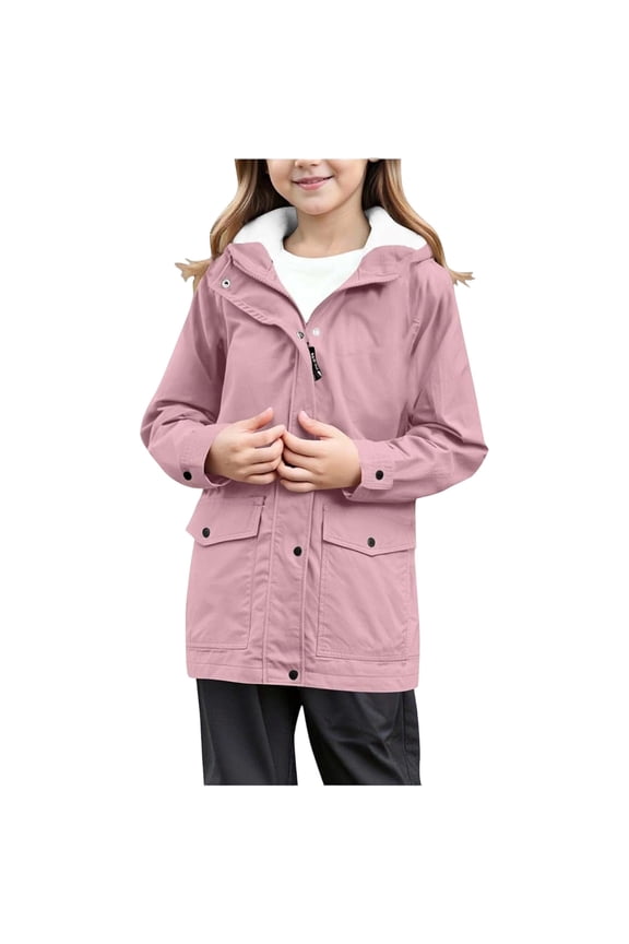 Kids Girls All Weather Plush Raincoat Windbreaker Hooded Jacket Outdoor Hiking Camping Warm Thermal Windproof Softshell Coat Long Sleeve Outerwear Solid Color Coats Soft Child Streetwear