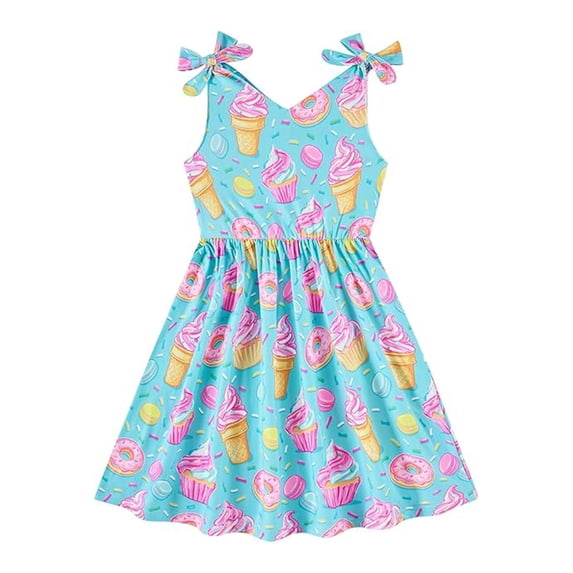 MEZZALL Kids Ice Print Sleeveless Dress For Girls Pretty Summer Party Dress For Tween Girls With Cute Strappy V-Neck Comfortable Breathable Dresses