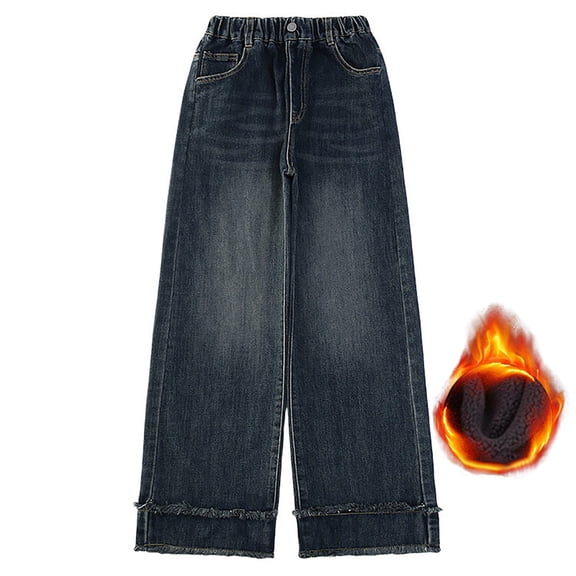 MEZZALL Kids Pants Winter Warm Baggy Jeans Girls Wide Leg Elastic Waist Multiple Pockets Fuzzy Cargo Trousers Jeans Denim Pants Children Trendy Slacks
