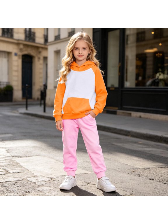 Kids Raglan Contrast Sweatshirt Hoodie Tracksuit for Girls, Patchwork Long Sleeve Hooded Tops & Jogger Pants Set, Basic Layering Clothes for Fall Daily Playwear Clothes Sets