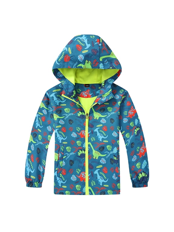 Kids Rain Jacket Dinosaur Hooded Windbreaker Outdoor Sport Coats Boys Girls Youth Autumn Hiking Adventure Play Birthday Long Sleeve Outerwear Tops