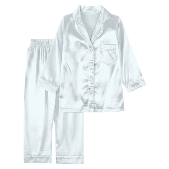 MEZZALL Kids Satin Silk Button Down Pajama Sets Solid Color 2 Piece Sleepwear Loungewear Long Sleeve Lapel Shirts With Pants Family Matching Nightwear