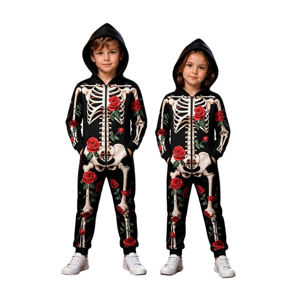 MEZZALL 1-Pack Kids Skeleton Print Hooded Onesie, Full Zip Halloween Skeleton Bodysuit, Matching Long Sleeve Jumpsuit