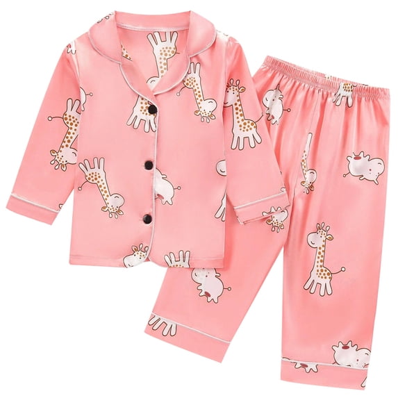 MEZZALL Kids Soft Satin Giraffe Print Sleep Set Long Sleeve Lapel Button Tops Matching Full Length Pants Girls Summer Loungewear Leisure Pajamas Sets